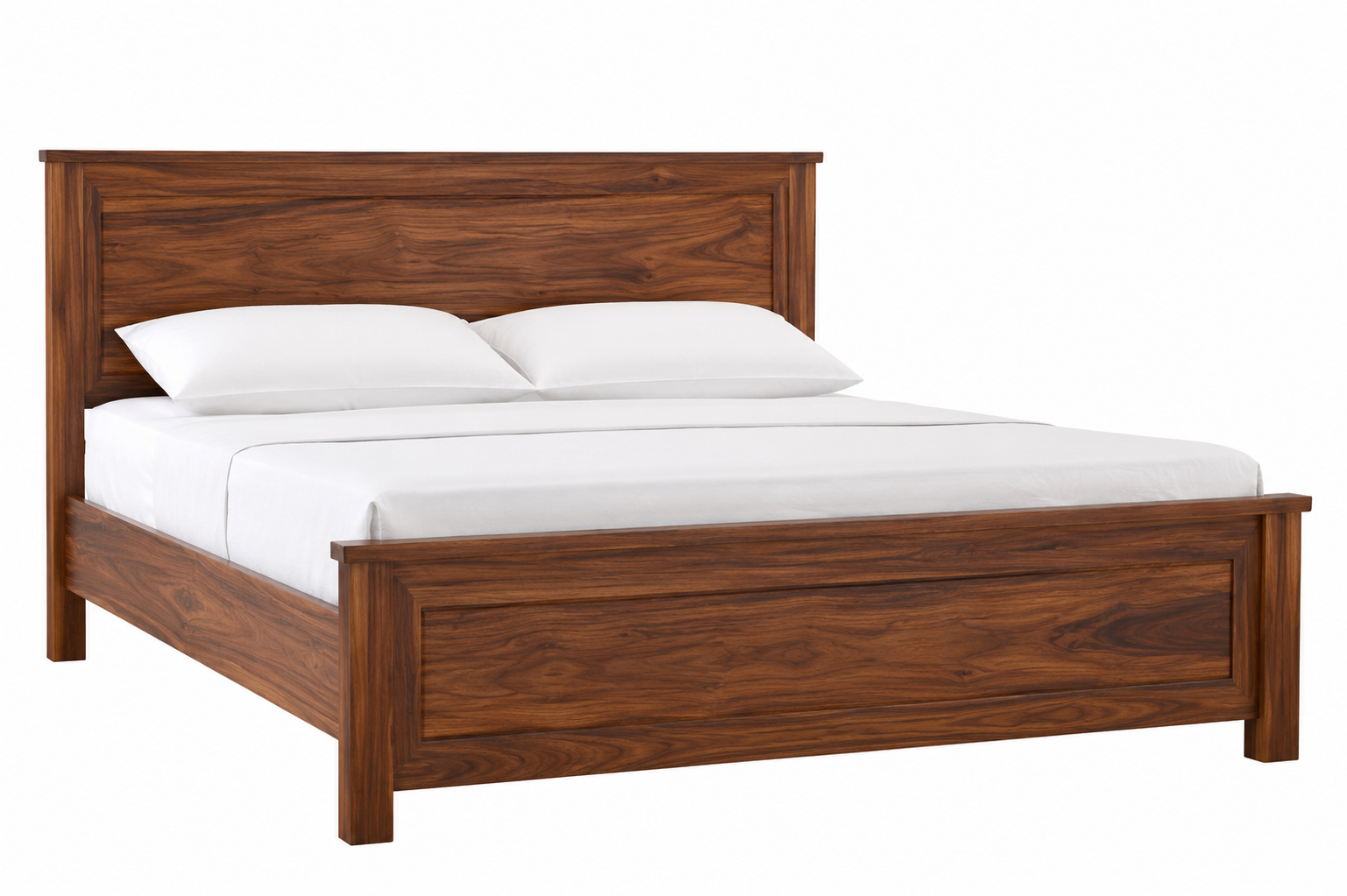 Real wooden king-size cot with mattress in a bedroom